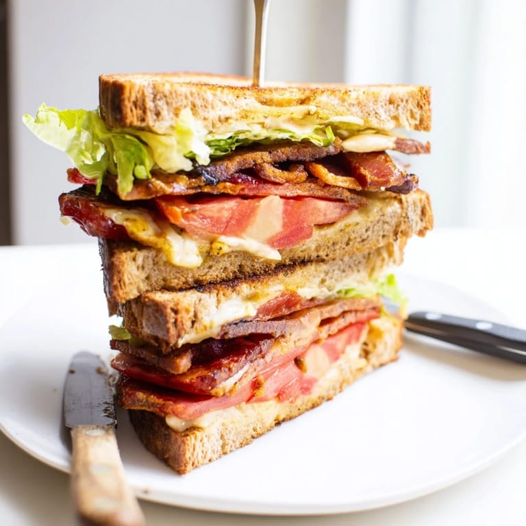 Vegan Bacon BLT Grilled Cheese with crispy edges, served warm and cut in half on a rustic wooden board.