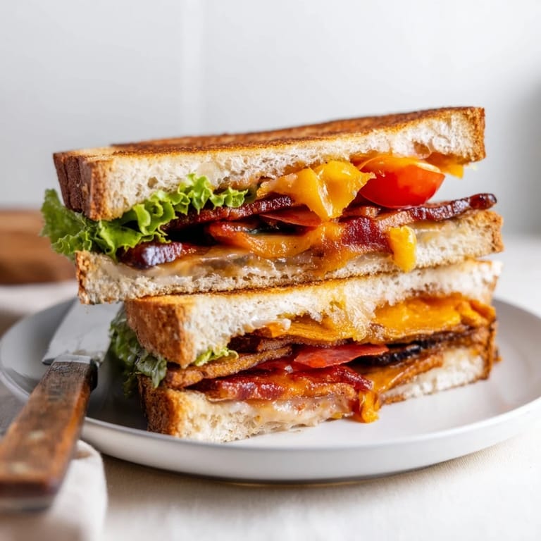 Plant-based BLT grilled cheese sandwich stacked high with juicy tomato, crisp lettuce, and smoky tempeh bacon strips.