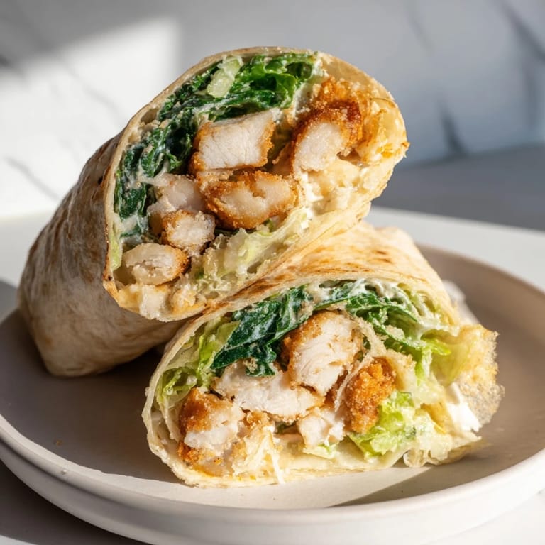 Hand holding a halved Crispy Chicken Caesar Wrap, revealing layers of crunchy chicken, Parmesan, and romaine inside a warm tortilla.