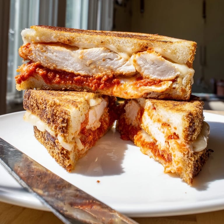 Close-up of a toasted Chicken Parm Grilled Cheese, showcasing crispy bread, vibrant marinara, and fresh basil garnish.