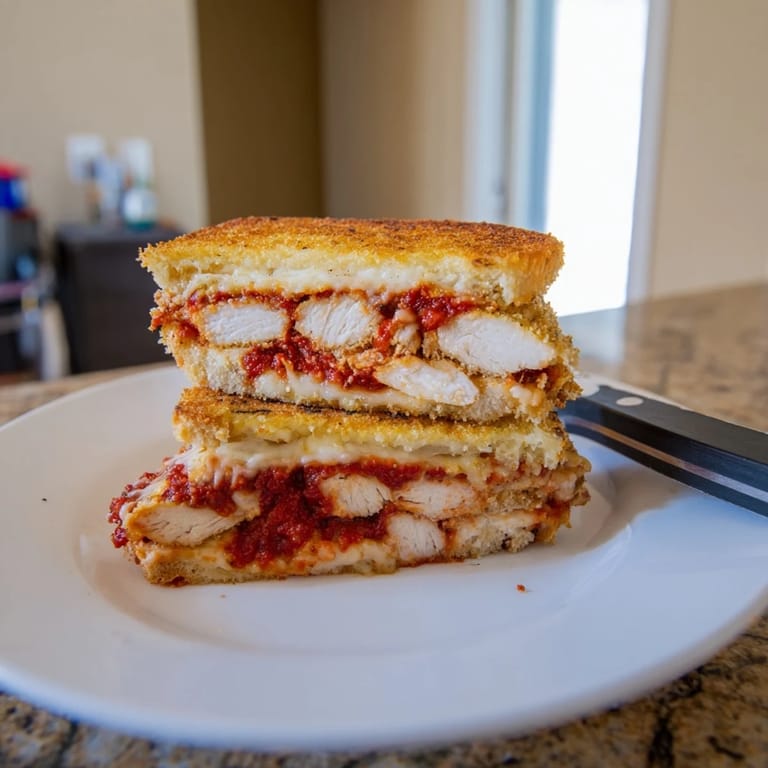 A perfectly grilled Chicken Parm Grilled Cheese sandwich, sliced to reveal gooey melted cheese and hearty chicken layers.  
