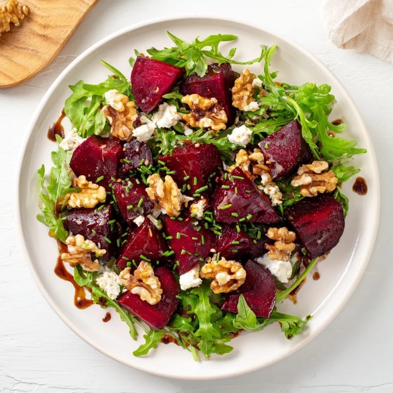 Serve this stunning Roasted Beet Goat Cheese Salad on a white plate, featuring sweet roasted beets, tangy goat cheese, fresh arugula, and honey-balsamic dressing for a beautiful vegetarian meal.