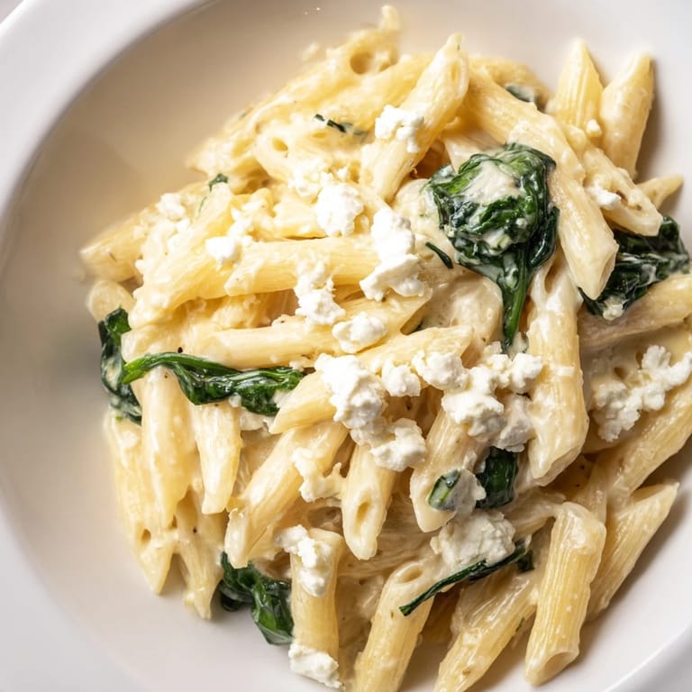 Steaming bowl of Creamy Feta Spinach Pasta, served alongside a crisp white wine for an easy vegetarian weeknight meal.