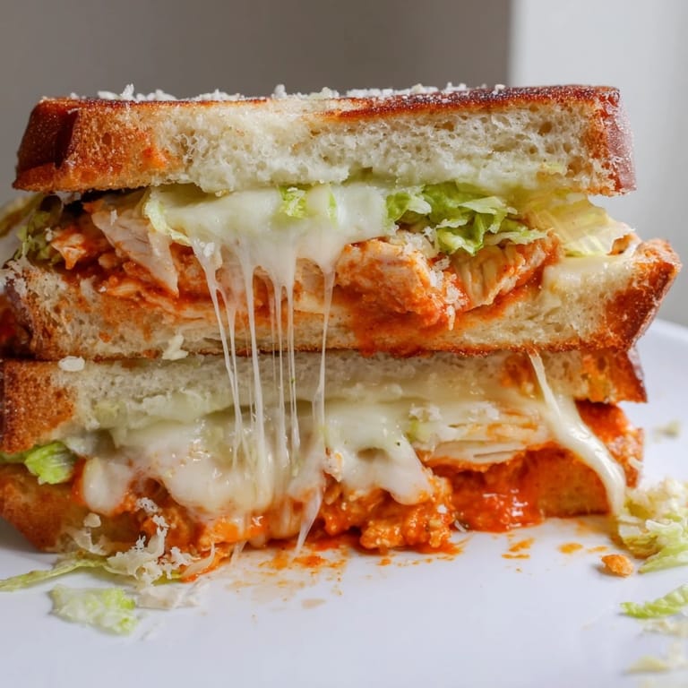 A close-up of a toasted Buffalo Chicken Caesar Grilled Cheese, revealing spicy buffalo chicken, melted cheese, and creamy Caesar dressing between crispy sourdough.  