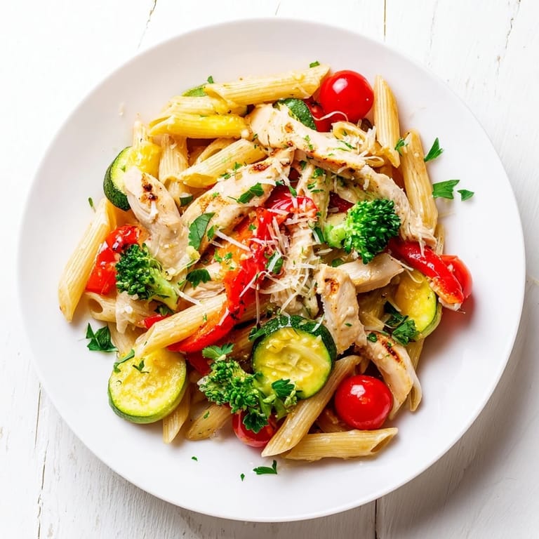 Penne pasta with juicy, garlic-herb roasted chicken, red bell peppers, zucchini, and cherry tomatoes in a skillet, ready to serve.