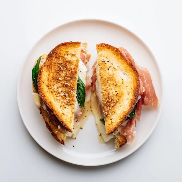 A close-up of a melted burrata and crisp prosciutto grilled cheese, sliced to show the gooey Italian cheese inside.  