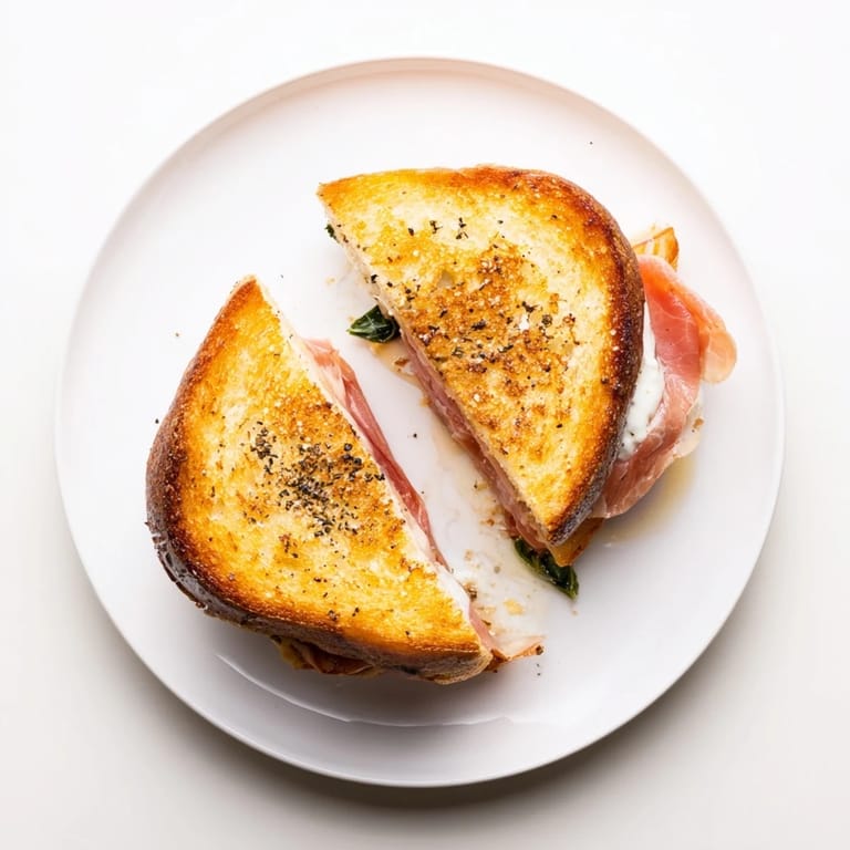 Buttery grilled cheese sandwich with prosciutto and burrata, served warm on a wooden board for an Italian-American lunch.