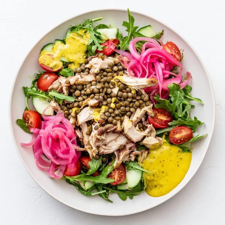 A plated serving of Lentil & Chicken Spring Salad drizzled with zesty mustard dressing, highlighting vibrant fresh greens.