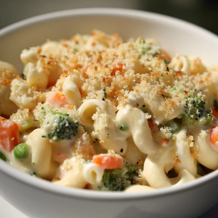 A close-up of creamy Garden Veg Mac and Cheese topped with crispy panko breadcrumbs and melted cheddar.