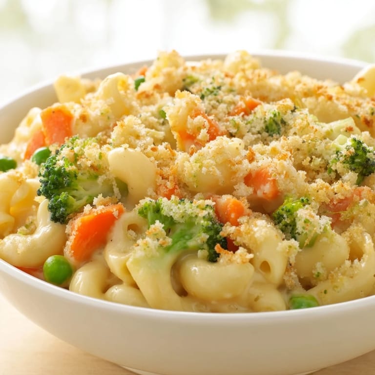 Serving spoon lifting a cheesy portion of Garden Veg Mac and Cheese with colorful vegetable pieces.