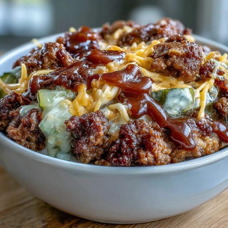 A close-up view of the Easy Big Mac in a Bowl featuring crisp romaine lettuce, thinly sliced red onions, and seasoned ground beef. The vibrant bowl is garnished with a generous swirl of the signature tangy sauce.