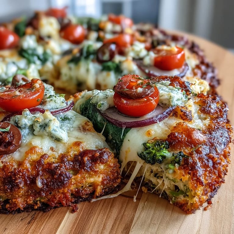Sliced broccoli chicken crust pizza with vibrant vegetables and melted cheese on a rustic wooden board, ready to serve.  