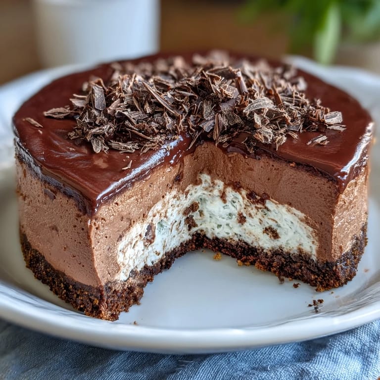 A freshly baked Lighter Chocolate Cottage Cheese Cheesecake in a springform pan, featuring a rich cocoa crust and a glossy, just-set filling ready to be chilled.