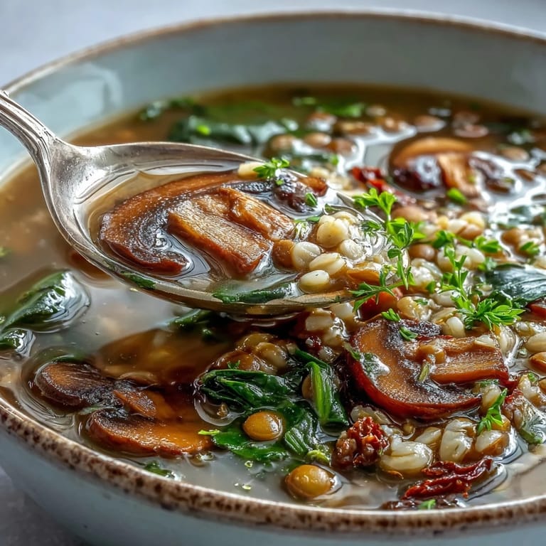Steaming Double Lentil and Mushroom Barley Soup with collard greens in a rustic pot.