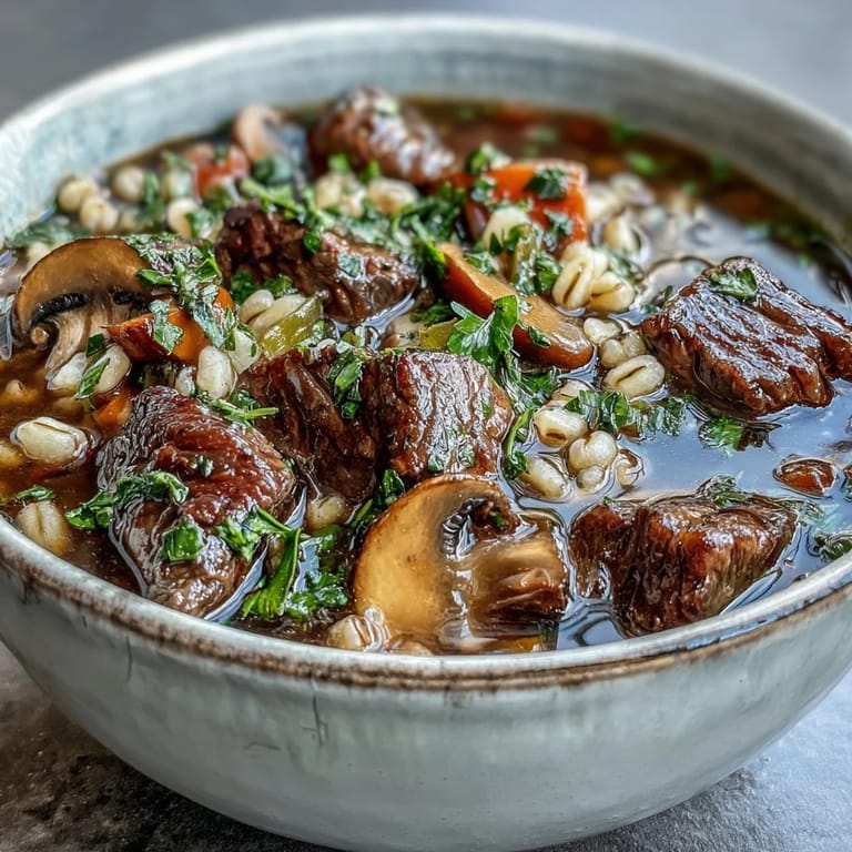 Rustic Beef and Barley Soup with Mushrooms served with crusty bread for dipping in the savory broth.