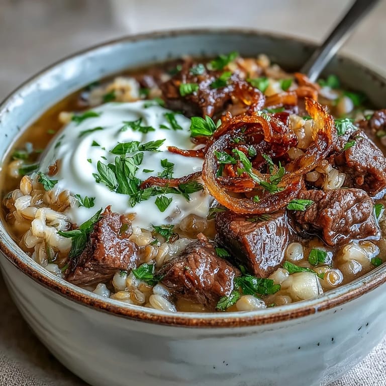 Hearty Persian-inspired Beef Barley Soup with tender beef, lentils, beans, and fresh herbs for a cozy meal.