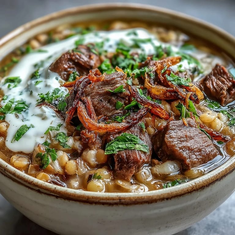 Beef Barley Soup garnished with fragrant mint-fried onions and served alongside warm crusty bread for dipping.