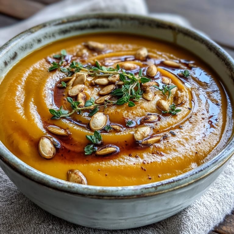 Golden roasted Butternut Squash Soup in a white bowl, topped with toasted pumpkin seeds and fresh thyme.