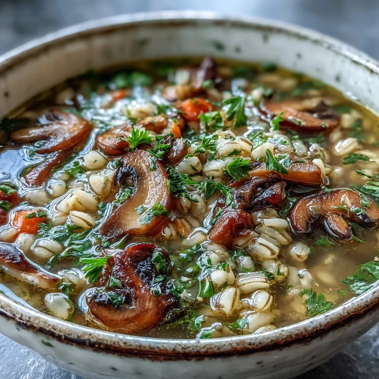 Close-up view of a ladle scooping hearty Mushroom Barley Soup, showcasing diced carrots and celery in a savory, steamy vegetable broth. Served in a rustic bowl.