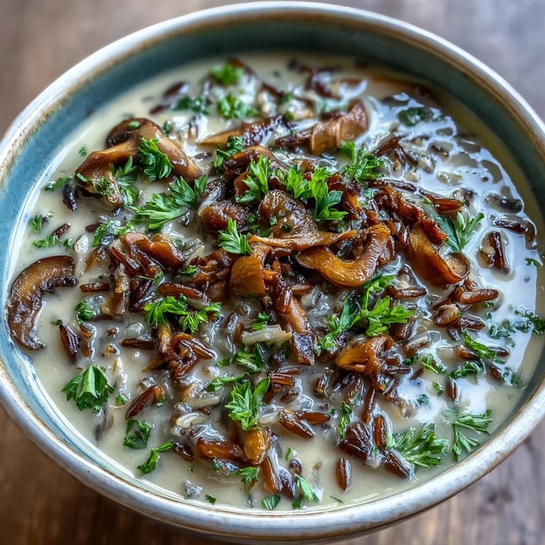 Close-up of Wild Rice Mushroom Soup in a white bowl, with sautéed mushrooms and carrots peeking through the velvety broth.