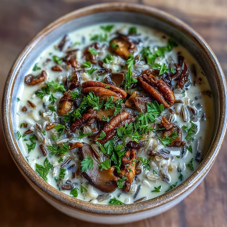 Wild Rice Mushroom Soup simmers in a rustic pot, releasing fragrant steam from thyme and rosemary over tender grains.