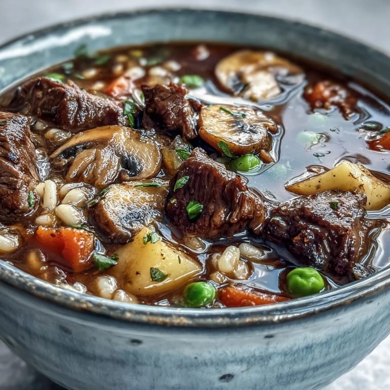 A pot of beef and barley soup simmers on the stove, filled with mushrooms, potatoes, and fresh herbs.