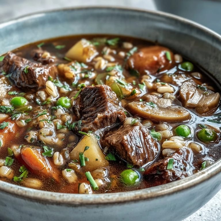 Hearty beef and barley soup is served in a deep dish with crusty bread for dipping, garnished with parsley.