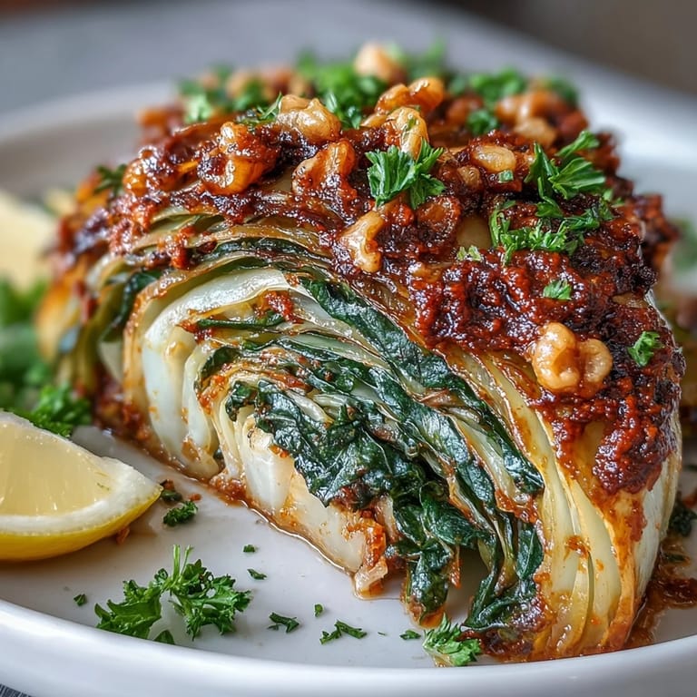 Caramelized cabbage wedges drizzled with bold red romesco sauce, served as a hearty vegetarian main dish for dinner.