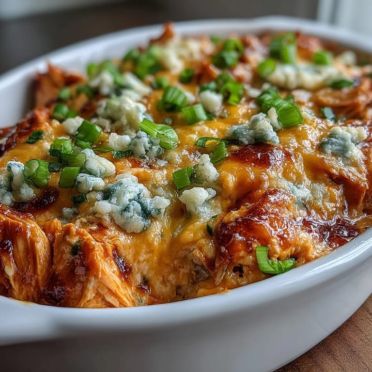 Golden brown Buffalo Chicken Dip fresh from the oven, hot and spicy with tender chicken, ready to serve at a game day party.