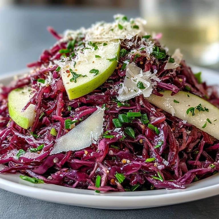 Vibrant shredded red cabbage and crisp apple slices mixed with shaved Parmesan for a crunchy, refreshing side dish.