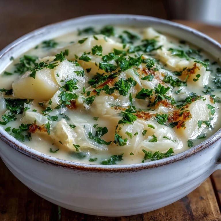 Rich Creamy Potato Soup with Cabbage features tender potatoes and silky cabbage in a creamy broth with fresh herbs.