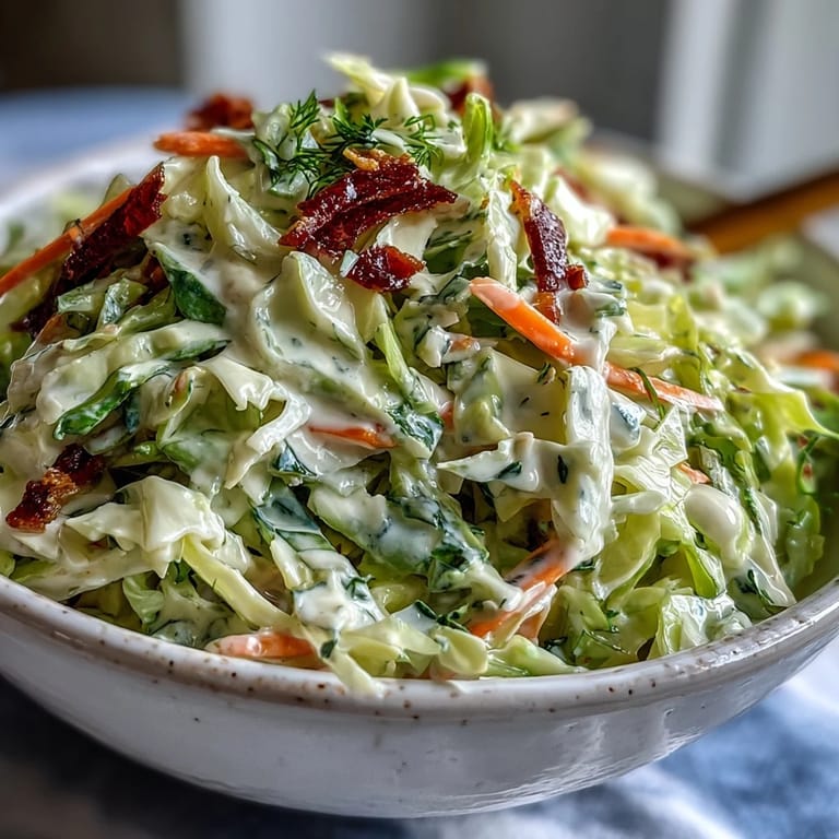 Freshly made Coleslaw with creamy dressing piled high on a plate, perfect for summer barbecues.