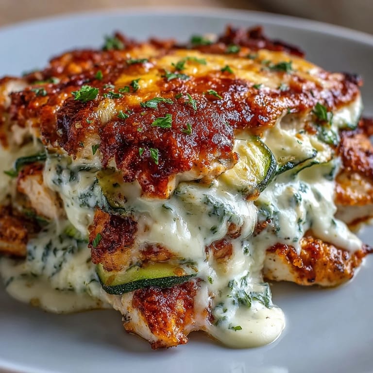 Ready to serve High Protein Chicken Zucchini Bake garnished with fresh parsley.