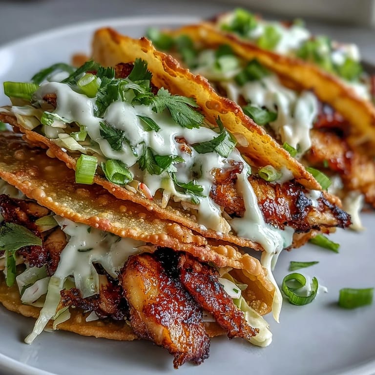 Crispy Chicken Wonton Tacos drizzled with creamy sriracha mayo and garnished with fresh cilantro. 