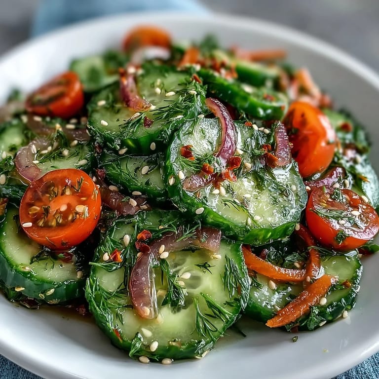 A close-up of the Refreshing Crunchy Cucumber Salad garnished with sesame seeds, served over ice for a bright, hydrating summer side.