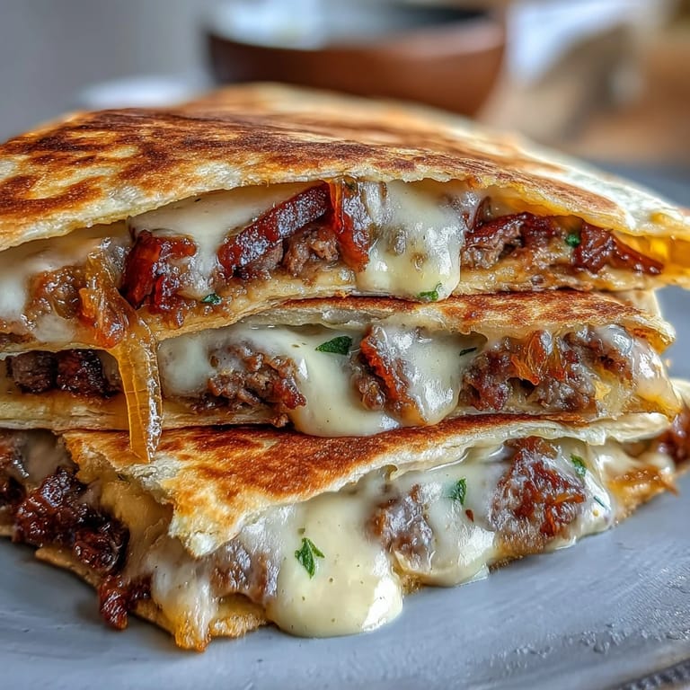 Freshly sliced wedges of Cheesy Griddled Smashburger Quesadillas are served on a plate with a side of pickles.