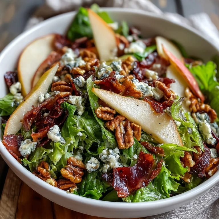A vibrant Frisée Pear Blue Cheese Bowl tossed with toasted walnuts and drizzled with a zesty honey vinaigrette.