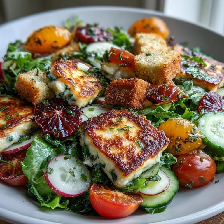 Golden-brown halloumi, crunchy sourdough croutons, and juicy blood orange make this Halloumi Blood Orange Fattoush a colorful dish.