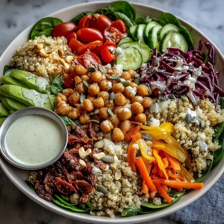 A close-up of a hearty Rainbow Salad Bowl drizzled with zesty lemon dressing and topped with crunchy roasted cashews and sunflower seeds.
