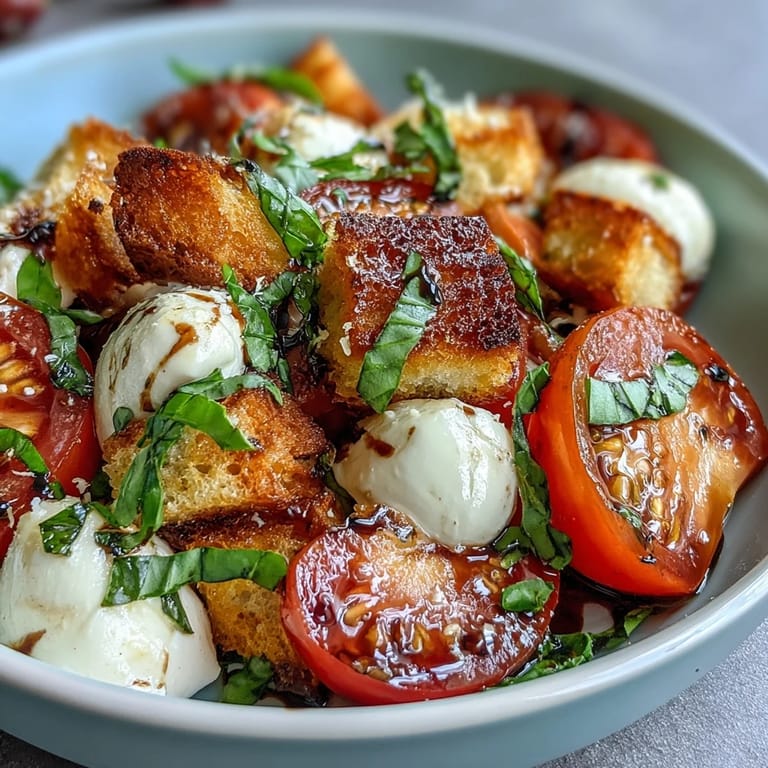 A vibrant Caprese Salad Bowl with heirloom tomato slices, creamy mozzarella, and crisp bread cubes drizzled with balsamic.  
