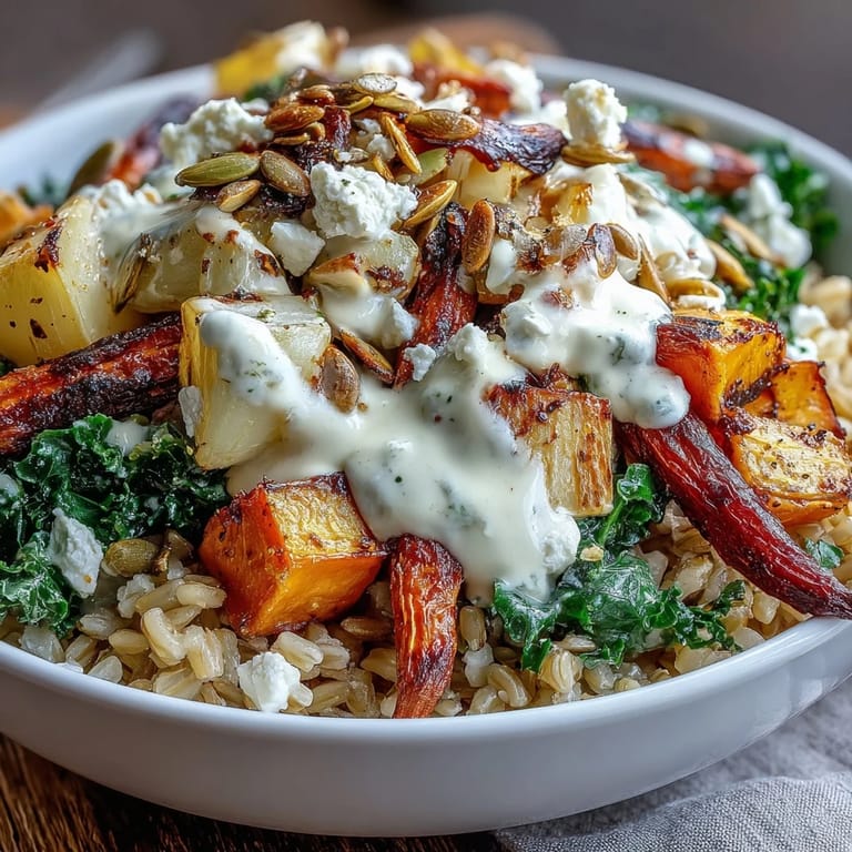 A close-up view shows the creamy tahini dressing drizzled over colorful sweet potatoes, carrots, and parsley garnish.