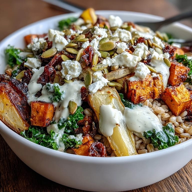 This wholesome bowl features golden roasted parsnips and sweet potatoes, served warm with crunchy pumpkin seeds on top.