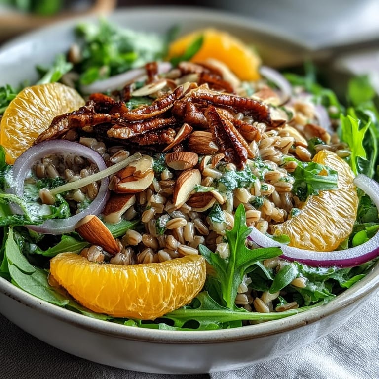 Serving suggestion for Farro Salad Bowl with Fennel, Oranges & Almonds, topped with toasted almonds and fresh fennel fronds.