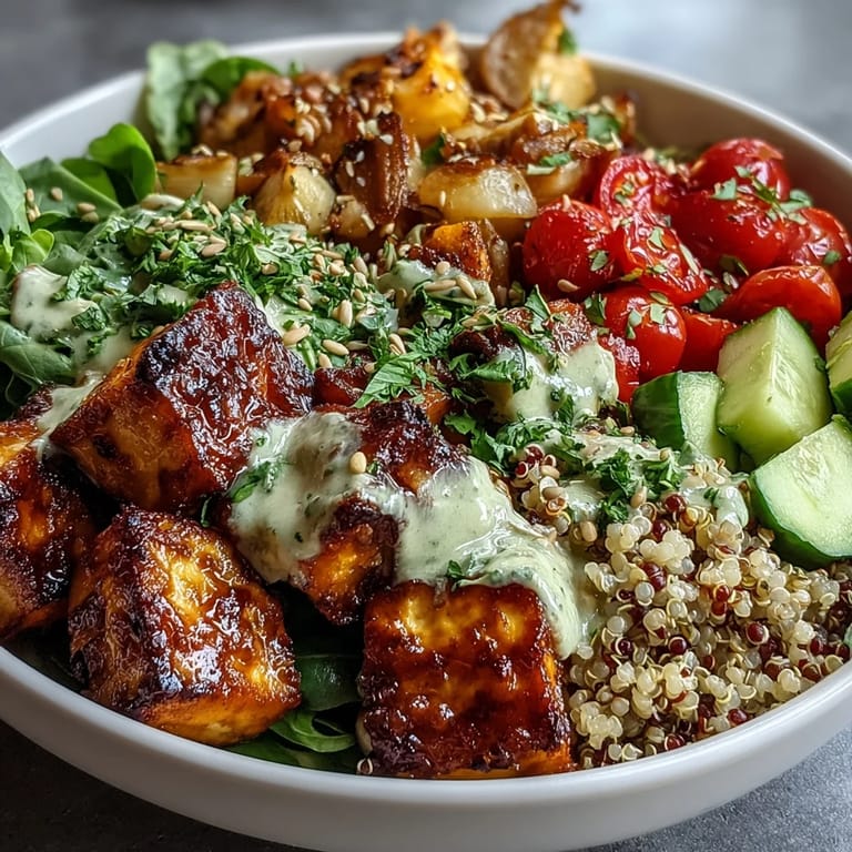 A finished Customizable Grain Bowl topped with toasted pumpkin seeds and fresh herbs, drizzled with lemon-tahini dressing and served with a fork.