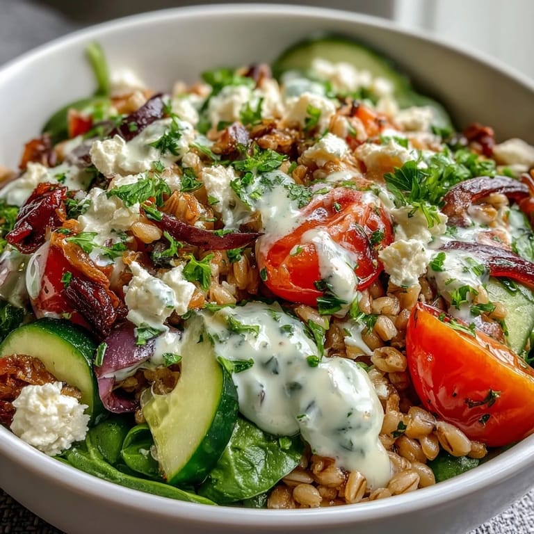 Close-up of a Mediterranean Farro Bowl with bright cherry tomatoes, cucumber, and chickpeas, ready to serve for lunch.