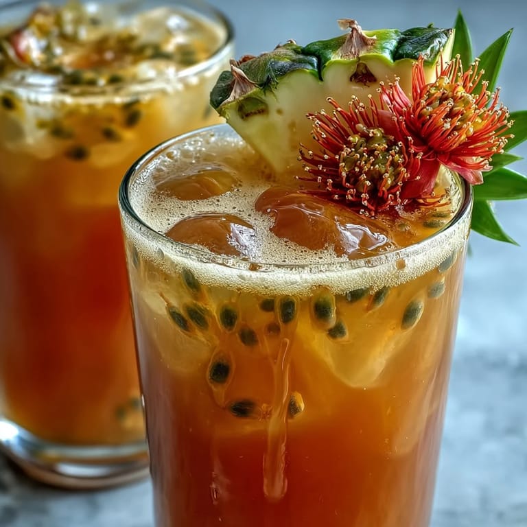 Homemade Iced Guava Passionfruit Drink featuring a pineapple-ginger syrup, served chilled with edible flowers.