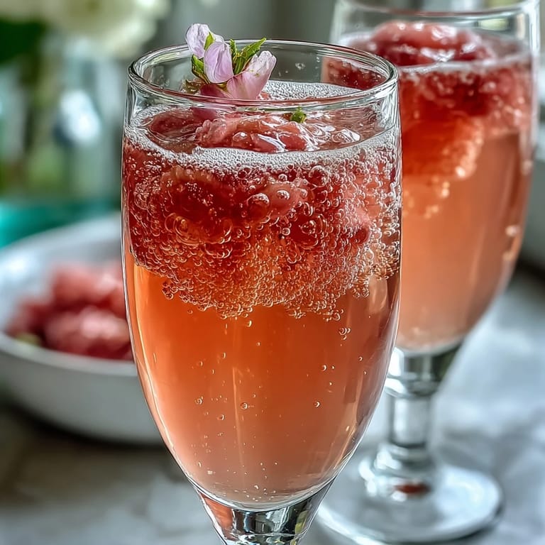 A close-up of Elderflower Guava Mimosa, vivid pink hue with fresh guava slice garnish