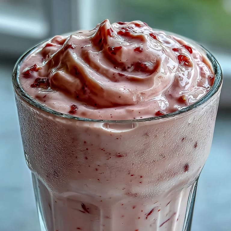 Creamy Guava Banana Smoothie served over ice with a ripe banana slice on the rim, perfect for a tropical breakfast.