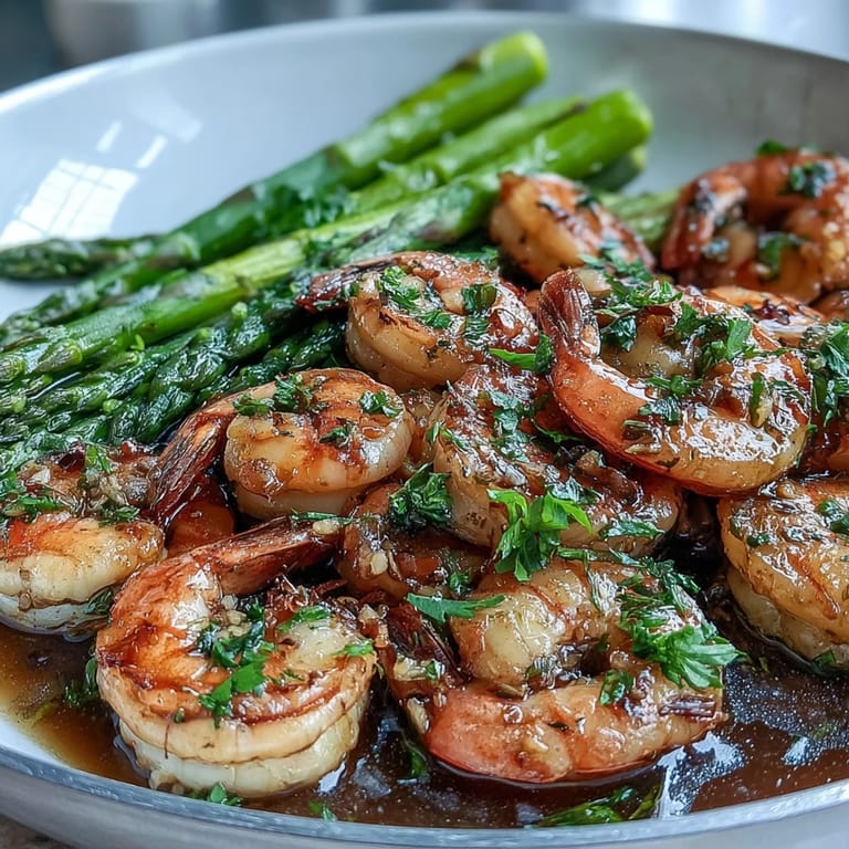 Healthy one-pan lemon garlic shrimp and asparagus, a quick, colorful meal perfect for busy weeknights.  