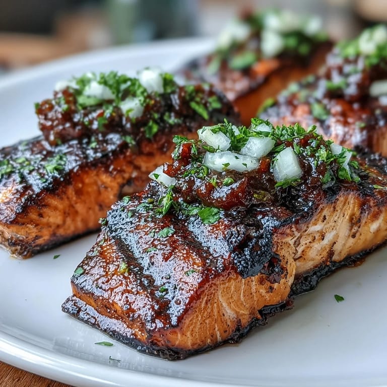 A vibrant plate of grilled salmon with zesty strawberry salsa and fresh herbs.